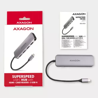 AXAGON HMC-HCR3A, USB 3.2 Gen 1 hub, 3x USB-A porta, HDMI 4k/30Hz, SD/microSD, USB-C kabel 20cm
