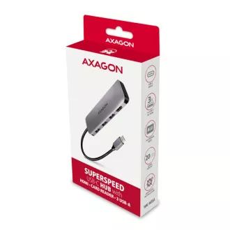 AXAGON HMC-HCR3A, USB 3.2 Gen 1 hub, 3x USB-A porta, HDMI 4k/30Hz, SD/microSD, USB-C kabel 20cm