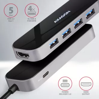 AXAGON HMC-6H4A, USB 3.2 Gen 1 hub, 4x USB-A porta, HDMI 4k/30Hz, PD 100W, USB-C kabel 20cm