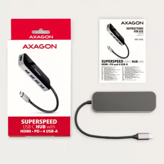 AXAGON HMC-6H4A, USB 3.2 Gen 1 hub, 4x USB-A porta, HDMI 4k/30Hz, PD 100W, USB-C kabel 20cm