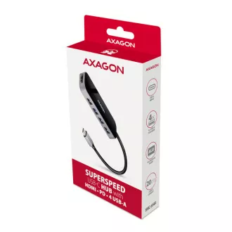 AXAGON HMC-6H4A, USB 3.2 Gen 1 hub, 4x USB-A porta, HDMI 4k/30Hz, PD 100W, USB-C kabel 20cm