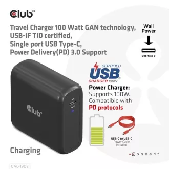 Club3D putni punjač 100 W GAN tehnologija, USB-IF TID certificiran, USB Type-C, Power Delivery(PD) 3.0 Support