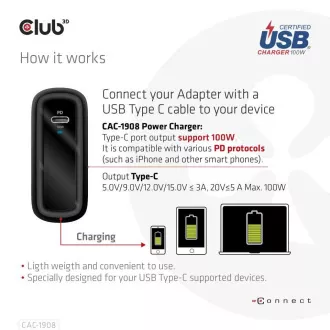 Club3D putni punjač 100 W GAN tehnologija, USB-IF TID certificiran, USB Type-C, Power Delivery(PD) 3.0 Support