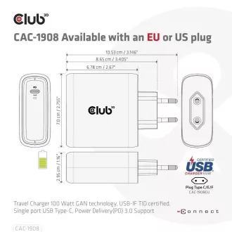 Club3D putni punjač 100 W GAN tehnologija, USB-IF TID certificiran, USB Type-C, Power Delivery(PD) 3.0 Support