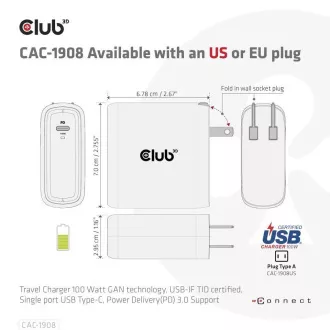 Club3D putni punjač 100 W GAN tehnologija, USB-IF TID certificiran, USB Type-C, Power Delivery(PD) 3.0 Support