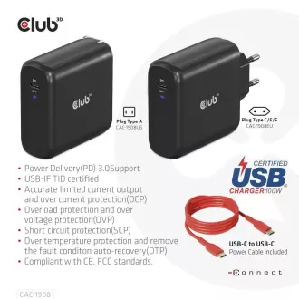 Club3D putni punjač 100 W GAN tehnologija, USB-IF TID certificiran, USB Type-C, Power Delivery(PD) 3.0 Support