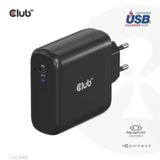 Club3D putni punjač 100 W GAN tehnologija, USB-IF TID certificiran, USB Type-C, Power Delivery(PD) 3.0 Support
