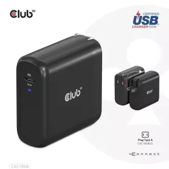 Club3D putni punjač 100 W GAN tehnologija, USB-IF TID certificiran, USB Type-C, Power Delivery(PD) 3.0 Support