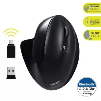 PORT vertikalni bežični ergonomski miš, BT, 2,4 GHz, USB-A/C, za dešnjake, crni