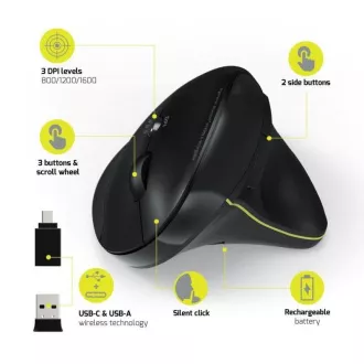 PORT vertikalni bežični ergonomski miš, BT, 2,4 GHz, USB-A/C, za dešnjake, crni