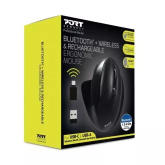 PORT vertikalni bežični ergonomski miš, BT, 2,4 GHz, USB-A/C, za dešnjake, crni