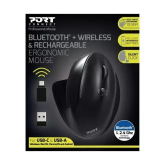PORT vertikalni bežični ergonomski miš, BT, 2,4 GHz, USB-A/C, za dešnjake, crni
