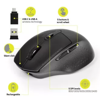 PORT punjivi miš s dvostrukom bežičnom vezom, BT, 2,4 GHz, USB-A/C, crni