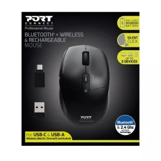 PORT punjivi miš s dvostrukom bežičnom vezom, BT, 2,4 GHz, USB-A/C, crni