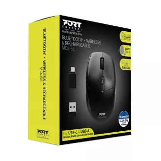 PORT punjivi miš s dvostrukom bežičnom vezom, BT, 2,4 GHz, USB-A/C, crni