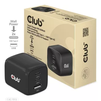 Club3D putni punjač 65W GAN tehnologija, 3 porta (2xUSB-C + USB-A), PPS, Power Delivery(PD) 3.0 Support
