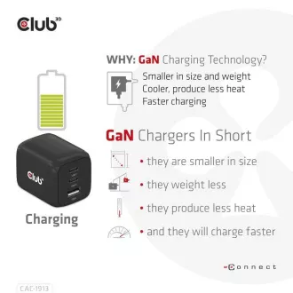 Club3D putni punjač 65W GAN tehnologija, 3 porta (2xUSB-C + USB-A), PPS, Power Delivery(PD) 3.0 Support