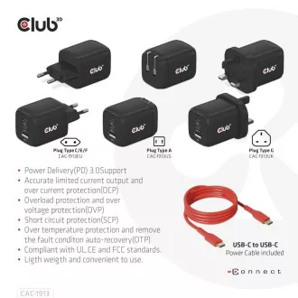 Club3D putni punjač 65W GAN tehnologija, 3 porta (2xUSB-C + USB-A), PPS, Power Delivery(PD) 3.0 Support