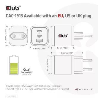 Club3D putni punjač 65W GAN tehnologija, 3 porta (2xUSB-C + USB-A), PPS, Power Delivery(PD) 3.0 Support