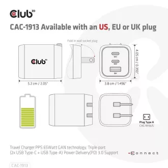 Club3D putni punjač 65W GAN tehnologija, 3 porta (2xUSB-C + USB-A), PPS, Power Delivery(PD) 3.0 Support