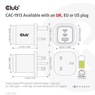 Club3D putni punjač 65W GAN tehnologija, 3 porta (2xUSB-C + USB-A), PPS, Power Delivery(PD) 3.0 Support