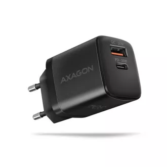 AXAGON ACU-PQ30, Sil mrežni punjač 30W, 2x port (USB-A + USB-C), PD3.0/PPS/QC4+/SFC/AFC/Apple, crni