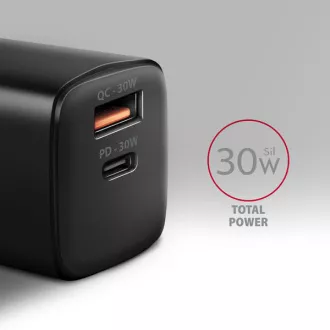 AXAGON ACU-PQ30, Sil mrežni punjač 30W, 2x port (USB-A + USB-C), PD3.0/PPS/QC4+/SFC/AFC/Apple, crni