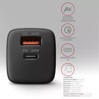 AXAGON ACU-PQ30, Sil mrežni punjač 30W, 2x port (USB-A + USB-C), PD3.0/PPS/QC4+/SFC/AFC/Apple, crni