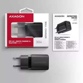 AXAGON ACU-PQ30, Sil mrežni punjač 30W, 2x port (USB-A + USB-C), PD3.0/PPS/QC4+/SFC/AFC/Apple, crni