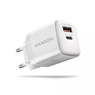 AXAGON ACU-PQ30W, Sil mrežni punjač 30W, 2x port (USB-A + USB-C), PD3.0/PPS/QC4+/SFC/AFC/Apple, bijeli