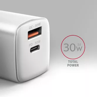 AXAGON ACU-PQ30W, Sil mrežni punjač 30W, 2x port (USB-A + USB-C), PD3.0/PPS/QC4+/SFC/AFC/Apple, bijeli