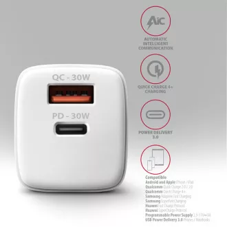 AXAGON ACU-PQ30W, Sil mrežni punjač 30W, 2x port (USB-A + USB-C), PD3.0/PPS/QC4+/SFC/AFC/Apple, bijeli