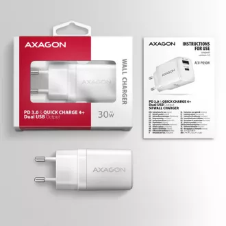 AXAGON ACU-PQ30W, Sil mrežni punjač 30W, 2x port (USB-A + USB-C), PD3.0/PPS/QC4+/SFC/AFC/Apple, bijeli