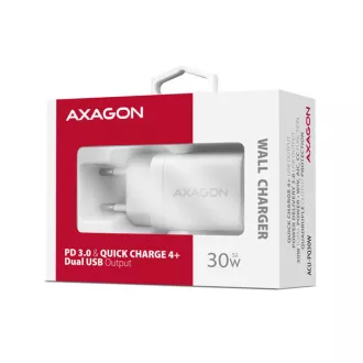 AXAGON ACU-PQ30W, Sil mrežni punjač 30W, 2x port (USB-A + USB-C), PD3.0/PPS/QC4+/SFC/AFC/Apple, bijeli