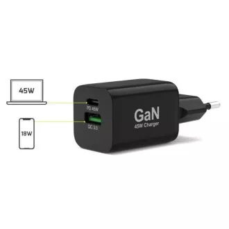 PORT mrežni punjač za USB-C i USB-A, 45 W, crni