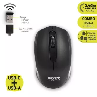 PORT bežični miš Wireless office, USB-A/USB-C dongle, 2.4Ghz, 1000DPI, crni