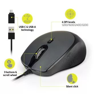PORT optički miš SILENT, USB-A/USB-C, 3600 DPI, crni