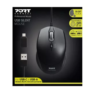 PORT optički miš SILENT, USB-A/USB-C, 3600 DPI, crni