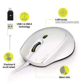 PORT optički miš SILENT, USB-A/USB-C, 3600 DPI, bijeli