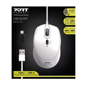 PORT optički miš SILENT, USB-A/USB-C, 3600 DPI, bijeli