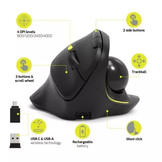PORT bežični ergonomski miš ERGONOMIC TRACKBALL, 2.4 Ghz & Bluetooth, USB-A/C, crni