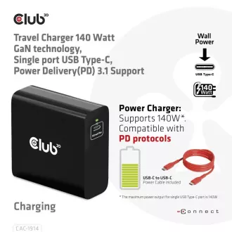 Club3D putni punjač USB-C 140W GaN tehnologija, 1xUSB-C, podrška za PD 3.1