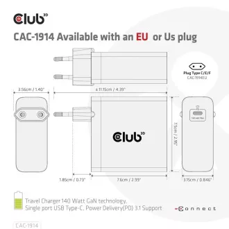 Club3D putni punjač USB-C 140W GaN tehnologija, 1xUSB-C, podrška za PD 3.1