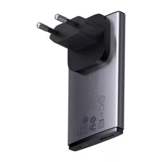 Ultratanki adapter za brzo punjenje Baseus GAN5 Pro USB-C + USB-A 65W, sivi