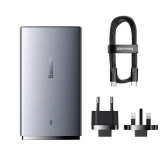 Ultratanki adapter za brzo punjenje Baseus GAN5 Pro USB-C + USB-A 65W, sivi