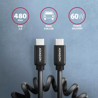 AXAGON BUCM-CM20TB, TWISTER kabel USB-C <-> USB-C, 1.1m, USB 2.0, PD 60W 3A, ALU, tpe, crni