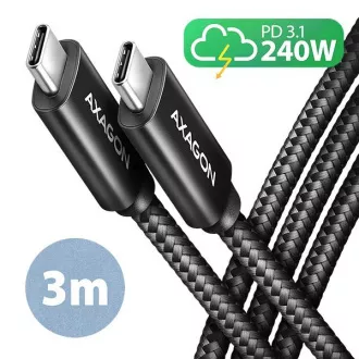 AXAGON BUCM2-CM30AB, CHARGE kabel USB-C <-> USB-C, 3m, Hi-Speed USB, PD 240W 5A, ALU, pleteni, crni AXAGON BUCM2-CM30AB, CHARGE kabel USB-C <-> USB-C, 3m, Hi-Speed USB, PD 240W 5A, ALU, pleteni, crni