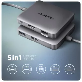 AXAGON HMC-5HL USB 5Gbps hub, 2x USB-A, HDMI 4k/60Hz, RJ-45 GLAN, PD 100W, USB-C kabel 20cm