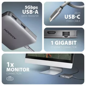 AXAGON HMC-5HL USB 5Gbps hub, 2x USB-A, HDMI 4k/60Hz, RJ-45 GLAN, PD 100W, USB-C kabel 20cm