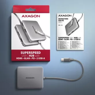 AXAGON HMC-5HL USB 5Gbps hub, 2x USB-A, HDMI 4k/60Hz, RJ-45 GLAN, PD 100W, USB-C kabel 20cm